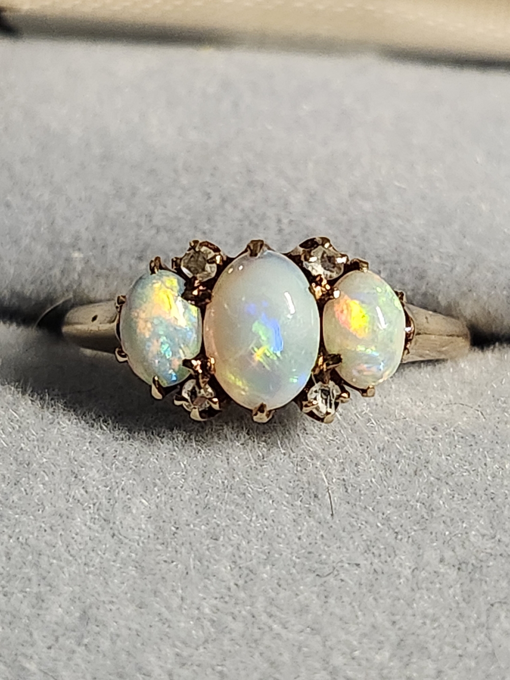 Vintage Opal Three-Stone Ring in White Opal and 14 K Gold